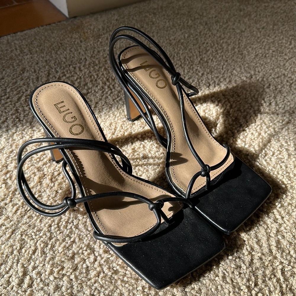 Black strap square toe heels